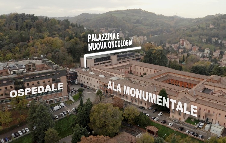 Una vista aerea del complesso dell'Istituto Ortopedico Rizzoli con la nuova palazzina.