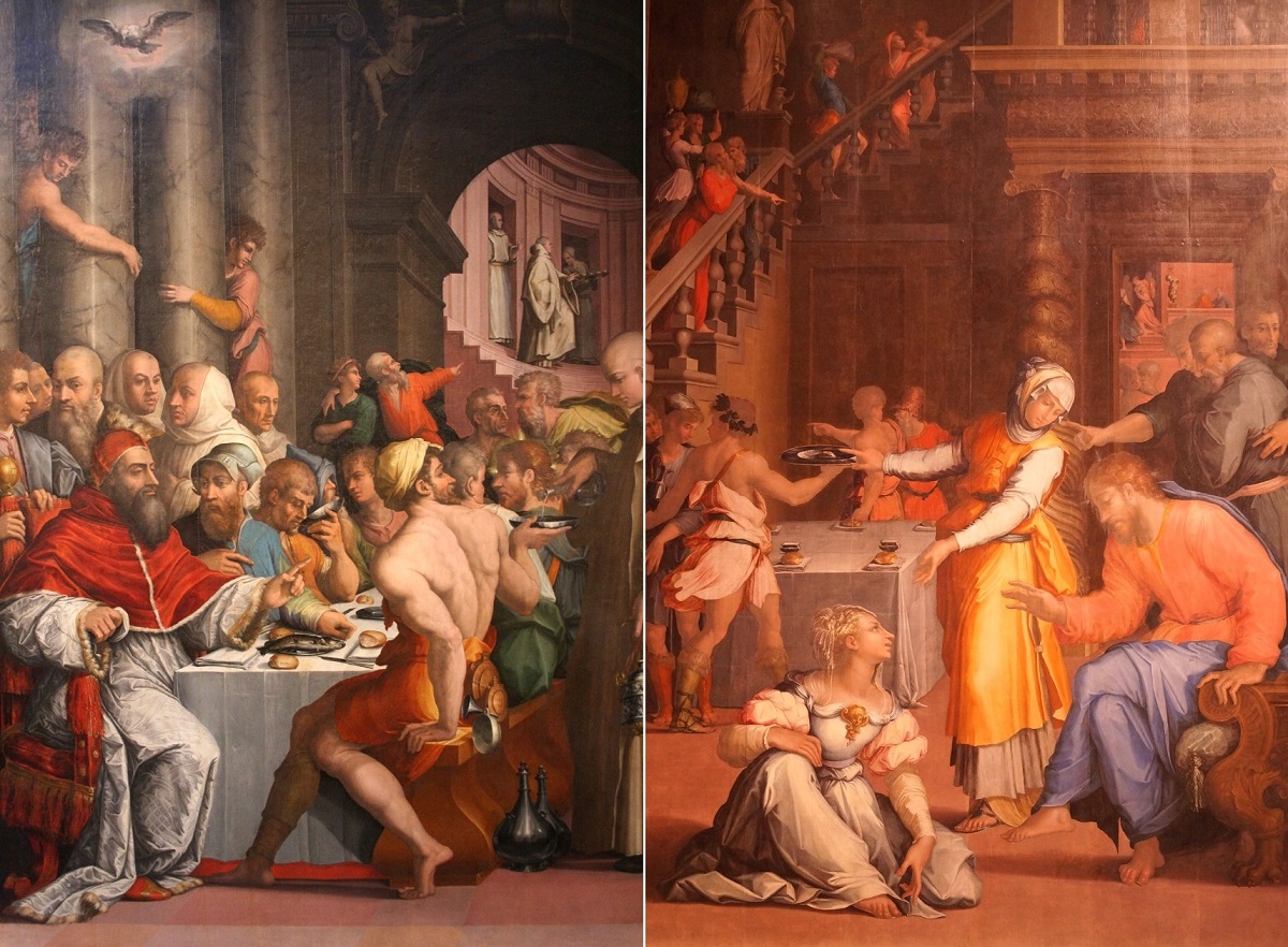 Cena di San Gregorio Magno (a sinistra) e Cristo in casa di Marta, dipinti ad olio su tavola di Giorgio Vasari oggi esposti alla Pinacoteca Nazionale di Bologna