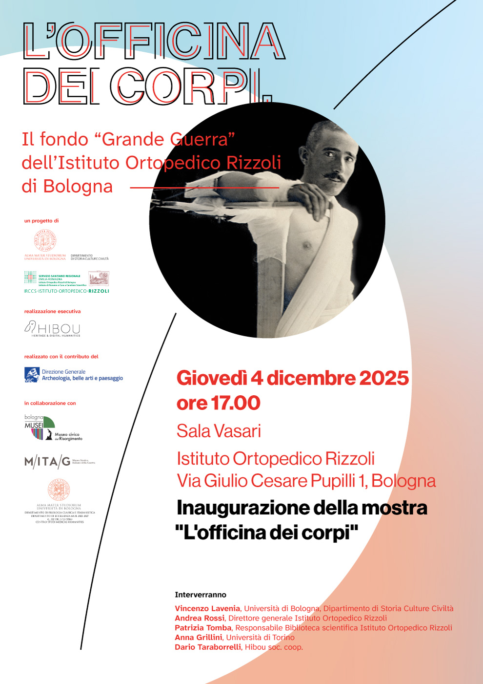 Locandina della mostra "L'officina dei corpi"